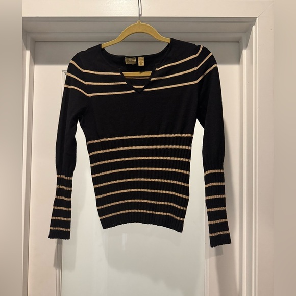 CASLON Women’s Black and Tan Stripe Sweater Size M Petite Longsleeved Fitted Y2K - Picture 1 of 13